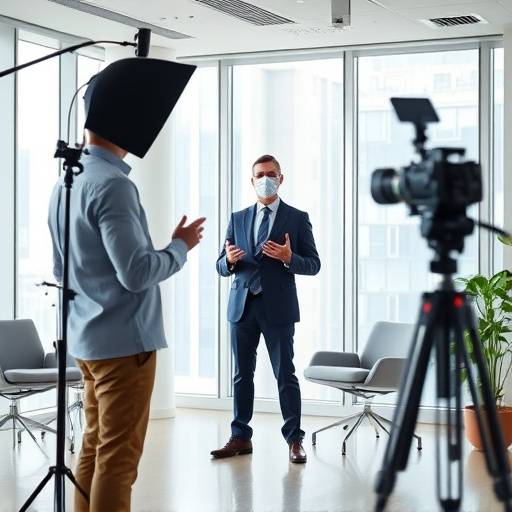 A professional executive delivering a presentation in a modern office setting during a corporate video shoot.